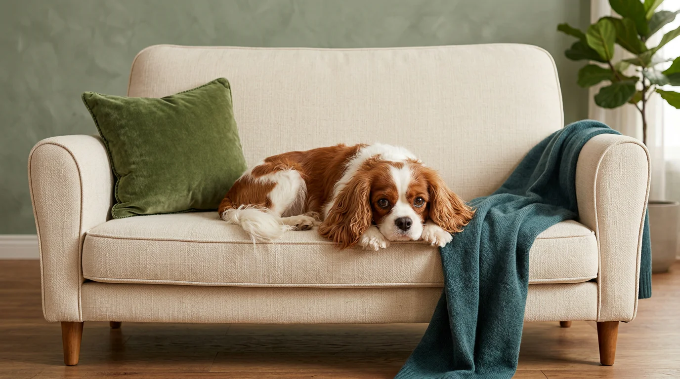 A Cavalier spaniel resting on a linen sofa with a green cushion and a teal throw